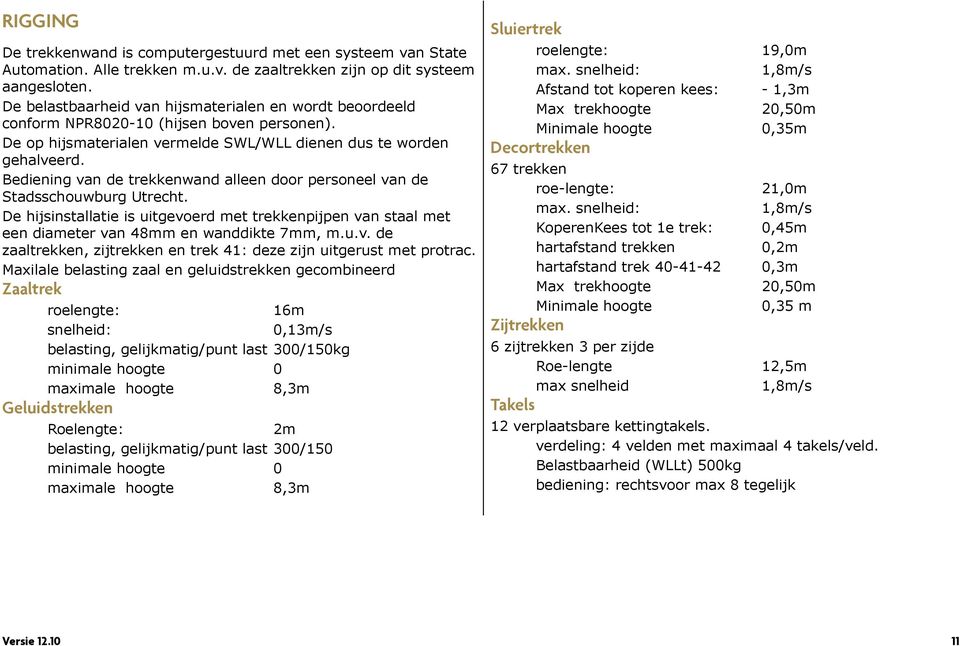 Bediening van de trekkenwand alleen door personeel van de Stadsschouwburg Utrecht. De hijsinstallatie is uitgevoerd met trekkenpijpen van staal met een diameter van 48mm en wanddikte 7mm, m.u.v. de zaaltrekken, zijtrekken en trek 41: deze zijn uitgerust met protrac.