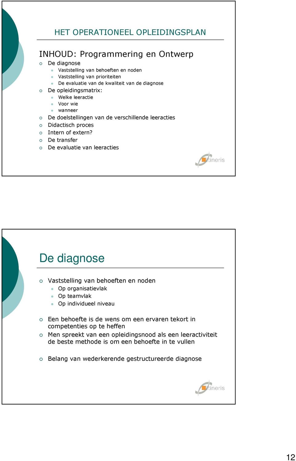 De transfer De evaluatie van leeracties De diagnose Vaststelling van behoeften en noden Op organisatievlak Op teamvlak Op individueel niveau Een behoefte is de wens om een