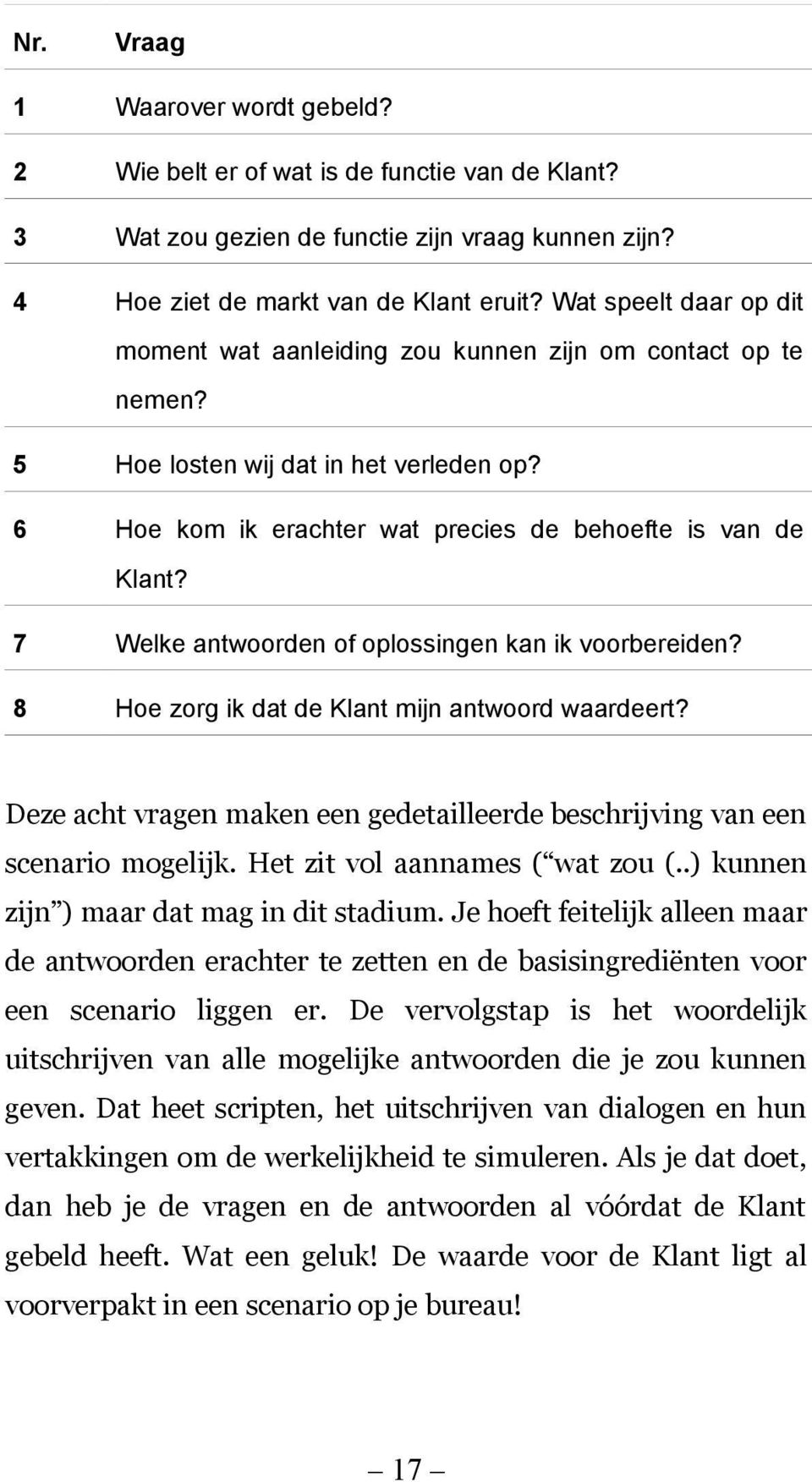 7 Welke antwoorden of oplossingen kan ik voorbereiden? 8 Hoe zorg ik dat de Klant mijn antwoord waardeert? Deze acht vragen maken een gedetailleerde beschrijving van een scenario mogelijk.