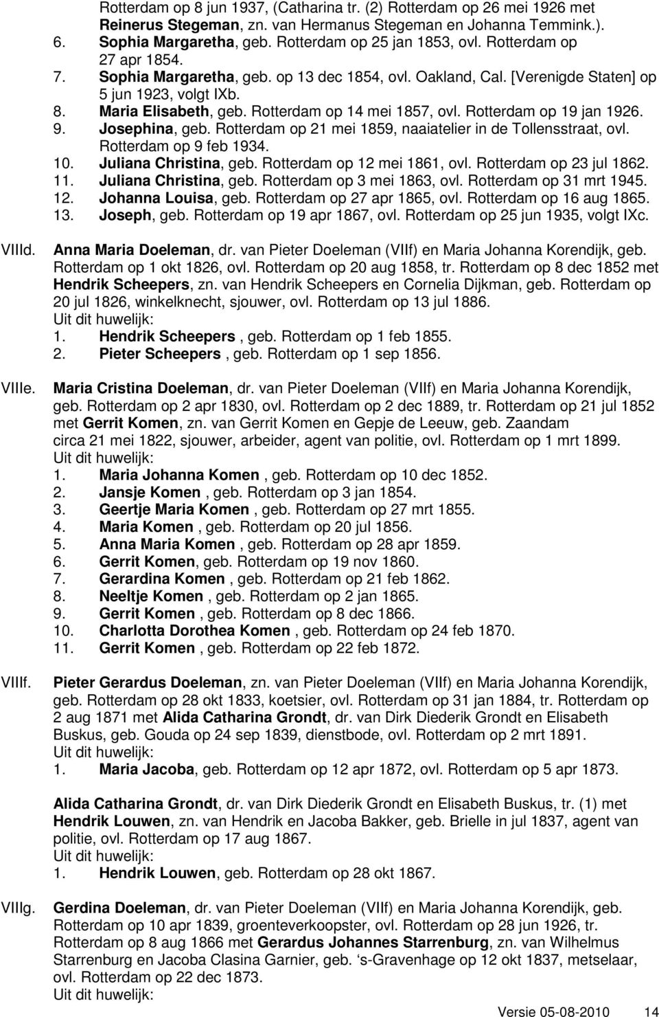 Rotterdam op 19 jan 1926. 9. Josephina, geb. Rotterdam op 21 mei 1859, naaiatelier in de Tollensstraat, ovl. Rotterdam op 9 feb 1934. 10. Juliana Christina, geb. Rotterdam op 12 mei 1861, ovl.