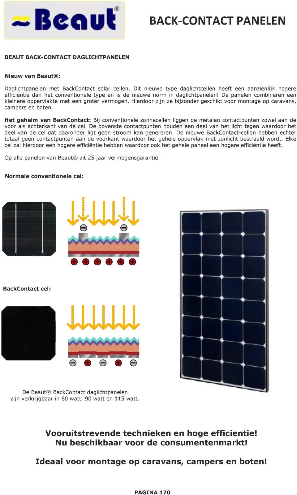 De panelen combineren een kleinere oppervlakte met een groter vermogen. Hierdoor zijn ze bijzonder geschikt voor montage op caravans, campers en boten.