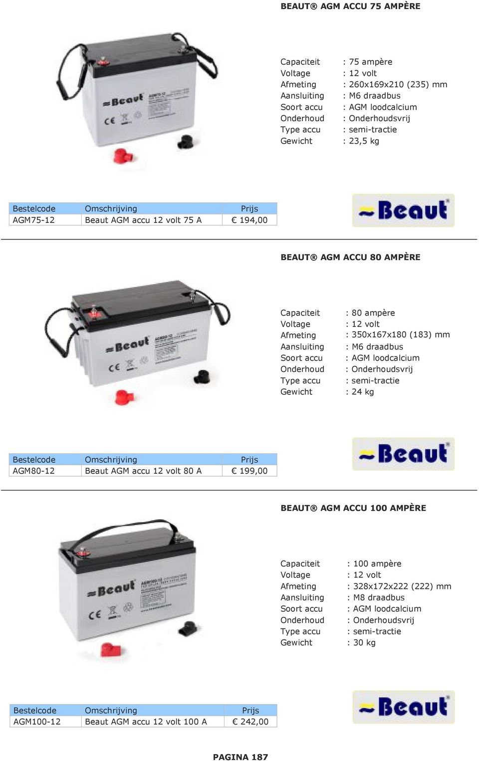 350x167x180 (183) mm : M6 draadbus : AGM loodcalcium : Onderhoudsvrij : semi-tractie : 24 kg AGM80-12 Beaut AGM accu 12 volt 80 A 199,00 BEAUT AGM ACCU 100 AMPÈRE Capaciteit Voltage Afmeting