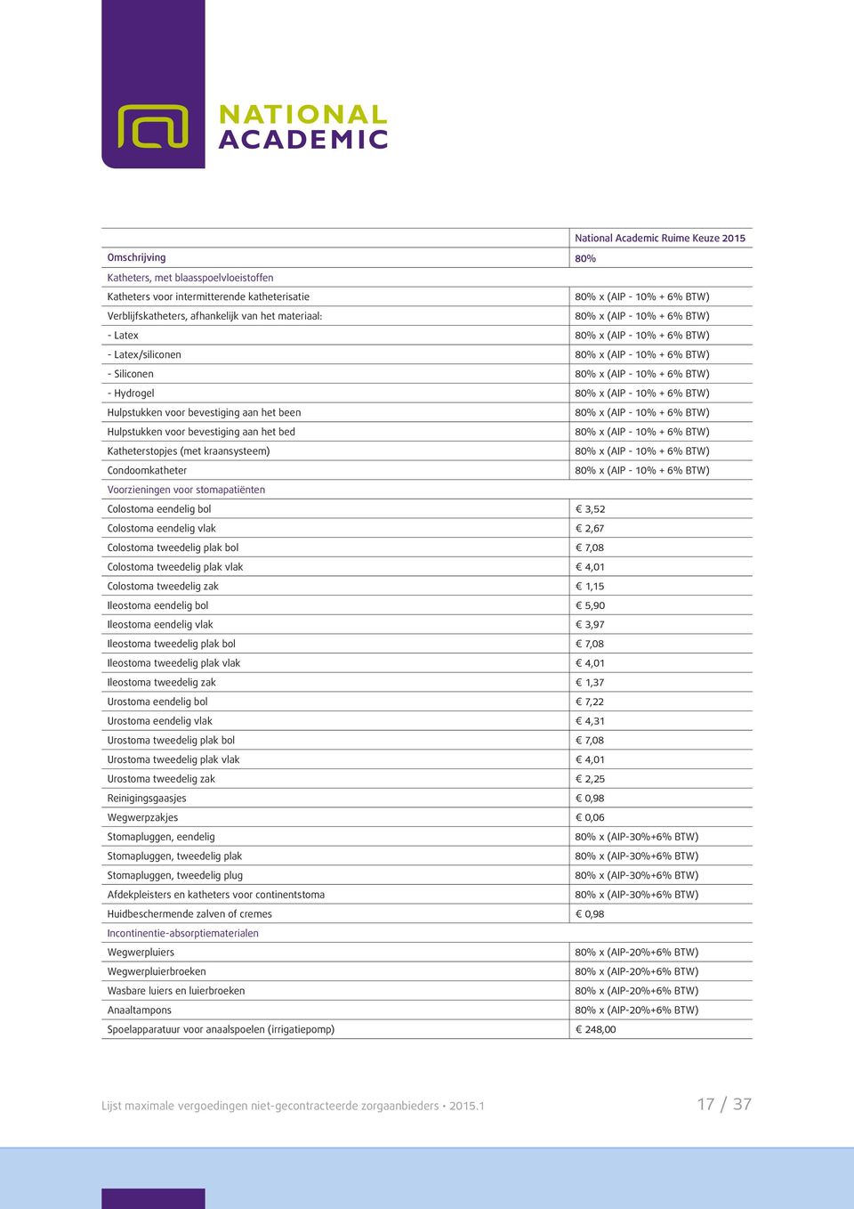 (AIP - 10% + 6% BTW) Hulpstukken voor bevestiging aan het bed 80% x (AIP - 10% + 6% BTW) Katheterstopjes (met kraansysteem) 80% x (AIP - 10% + 6% BTW) Condoomkatheter 80% x (AIP - 10% + 6% BTW)