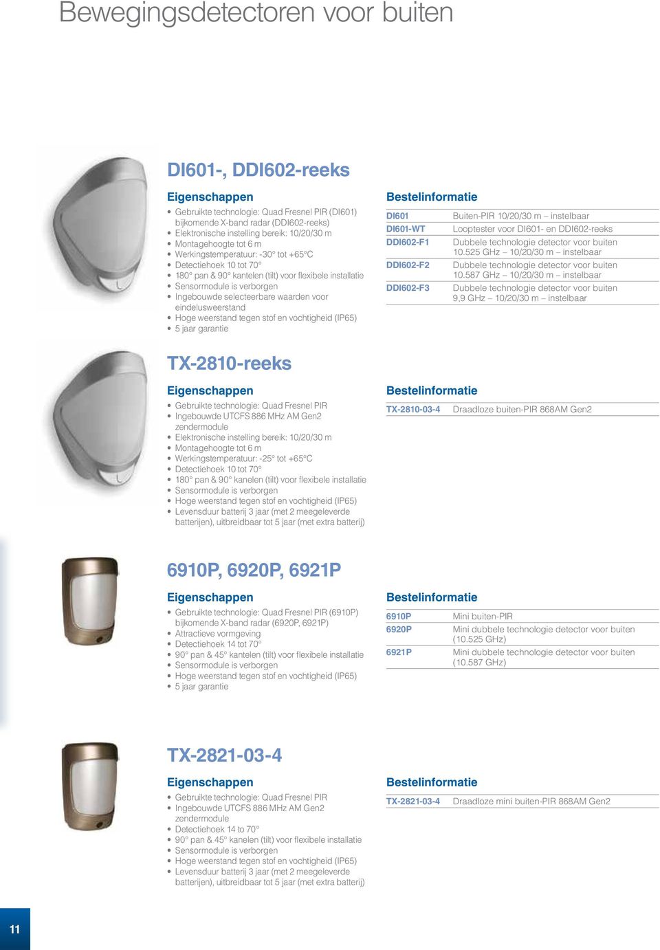 eindelusweerstand Hoge weerstand tegen stof en vochtigheid (IP65) 5 jaar garantie DI601 DI601-WT DDI602-F1 DDI602-F2 DDI602-F3 Buiten-PIR 10/20/30 m instelbaar Looptester voor DI601- en DDI602-reeks