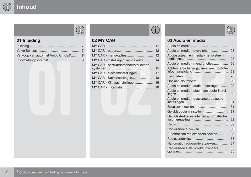 .. 23 MY CAR - bestuurdersondersteunende Audio en media - menufuncties... 26 systemen... 15 Achterste bedieningspaneel met hoofdtelefoonaansluiting*... 28 MY CAR - systeeminstellingen.