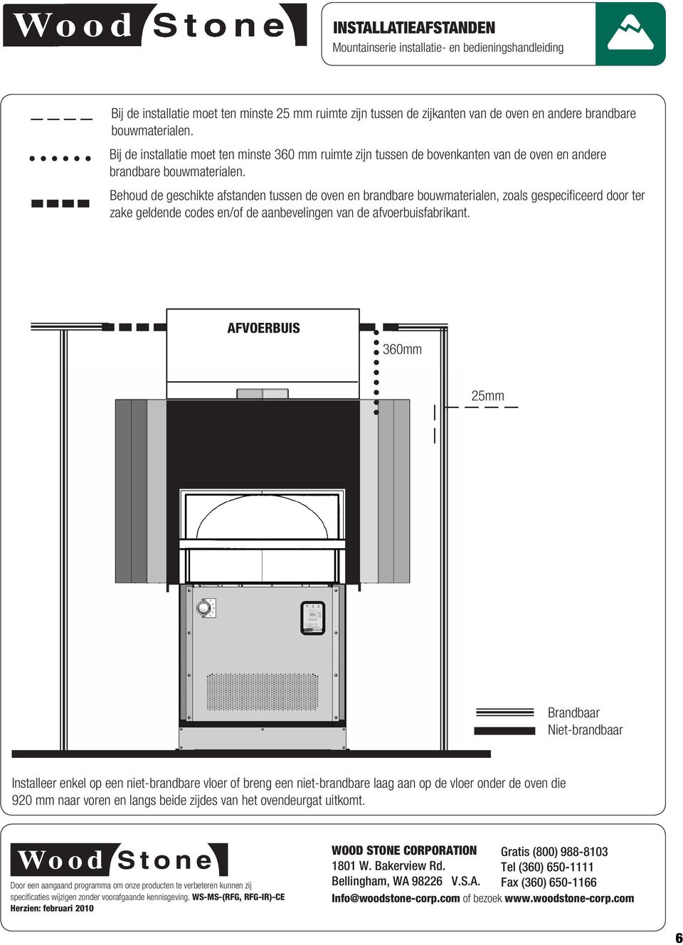 Behoud de geschikte afstanden tussen de oven en brandbare bouwmaterialen, zoals gespecificeerd door ter zake geldende codes en/of de aanbevelingen van de