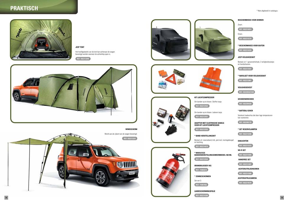 K82209427AB WINDSCHERM Wordt aan de zijkant van de wagen bevestigd. REF. K82213291 KIT LUCHTCOMPRESSOR Om banden op te blazen. Stoffen tasje. REF. K82212932 Om banden op te blazen. Lederen tasje. REF. K82212931 ADAPTER MET ELEKTRISCHE KABELS VOOR KIT LUCHTCOMPRESSOR REF.