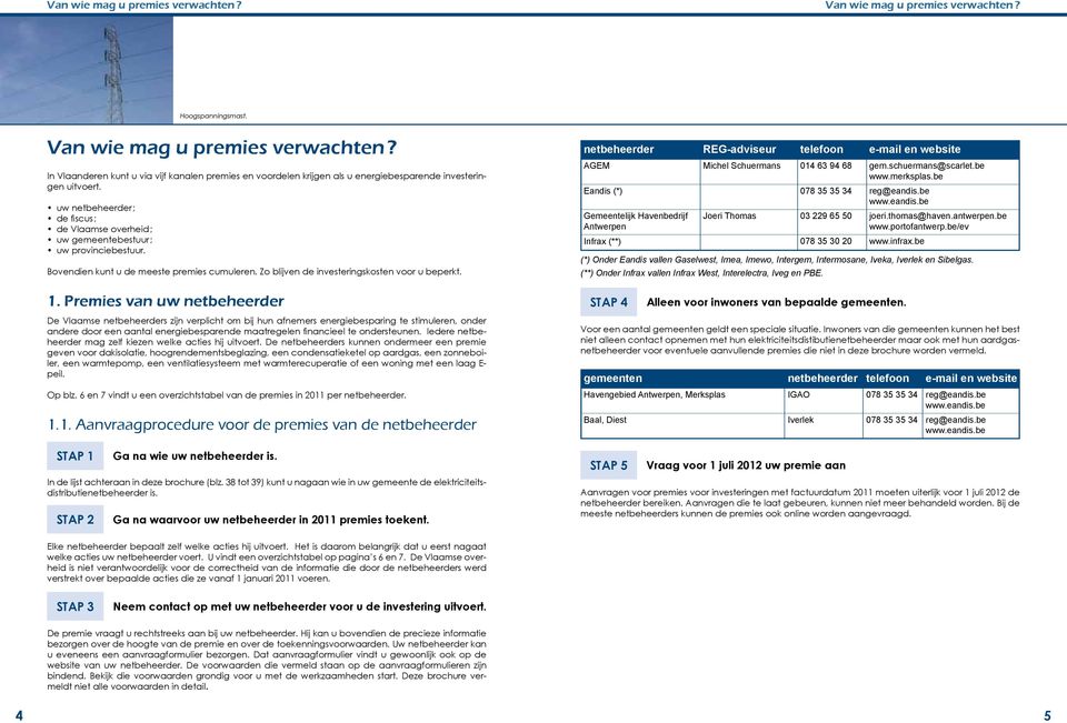 netbeheerder REG-adviseur telefoon e-mail en website AGEM Michel Schuermans 014 63 94 68 gem.schuermans@scarlet.be www.merksplas.be Eandis (*) 078 35 35 34 reg@eandis.