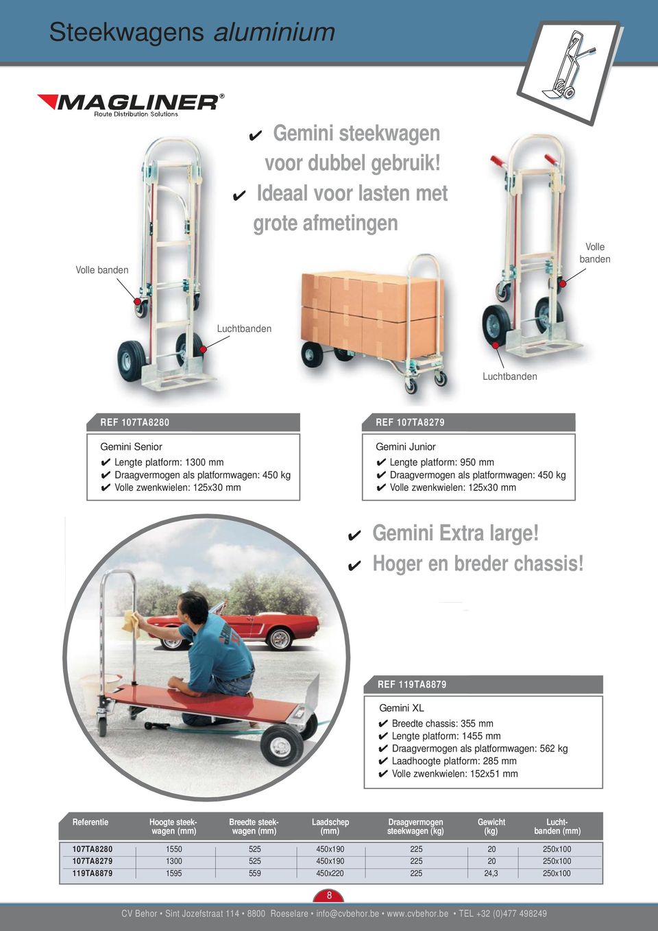 REF 107TA8279 Gemini Junior Lengte platform: 950 mm Draagvermogen als platformwagen: 450 kg Volle zwenkwielen: 125x30 mm Gemini Extra large! Hoger en breder chassis!