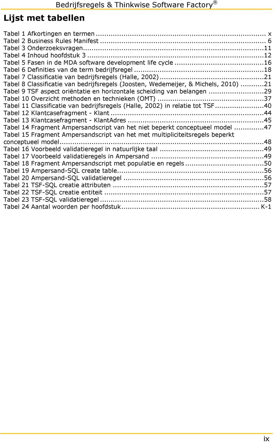 ..21 Tabel 8 Classificatie van bedrijfsregels (Joosten, Wedemeijer, & Michels, 2010)...21 Tabel 9 TSF aspect oriëntatie en horizontale scheiding van belangen.