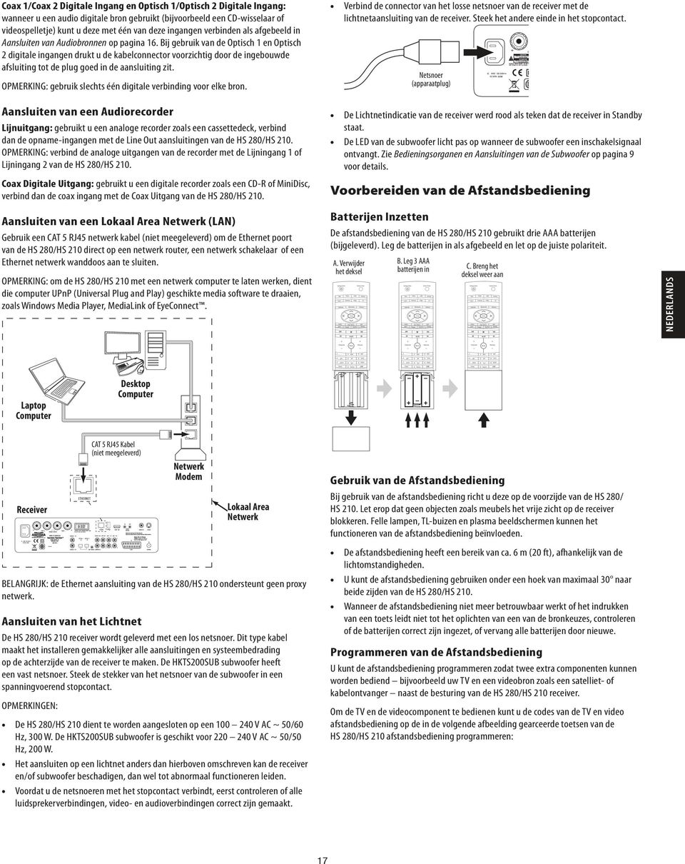 Bij gebruik van de Optisch 1 en Optisch 2 digitale ingangen drukt u de kabelconnector voorzichtig door de ingebouwde afsluiting tot de plug goed in de aansluiting zit.