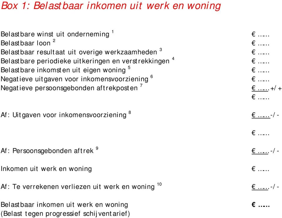 inkomensvoorziening 6 Negatieve persoonsgebonden aftrekposten 7 +/+ Af: Uitgaven voor inkomensvoorziening 8 -/- Af: Persoonsgebonden aftrek 9