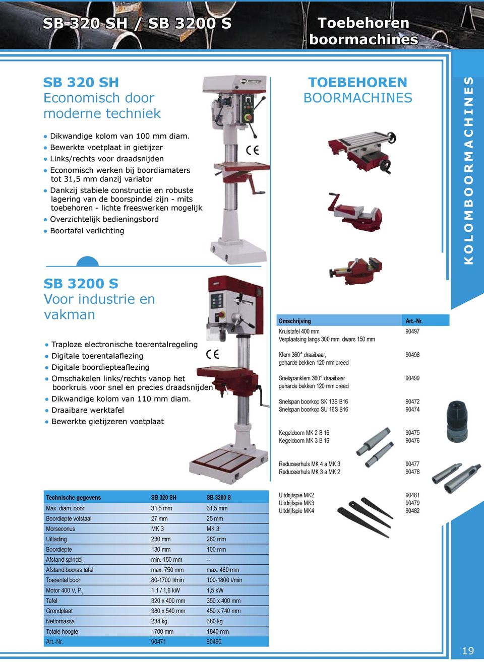 - mits toebehoren - lichte freeswerken mogelijk Overzichtelijk bedieningsbord Boortafel verlichting TOEBEHOREN BOORMACHINES K O L O M B O O R M A C H I N E S SB 3200 S Voor industrie en vakman