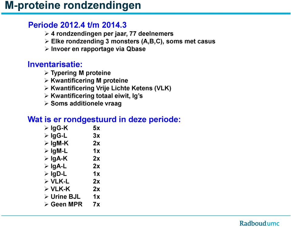 Qbase Inventarisatie: Typering M proteine Kwantificering M proteine Kwantificering Vrije Lichte Ketens (VLK)