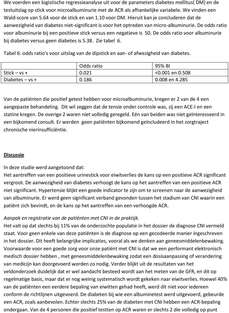 De odds ratio voor albuminurie bij een positieve stick versus een negatieve is 50. De odds ratio voor albuminurie bij diabetes versus geen diabetes is 5.38. Zie tabel 6.