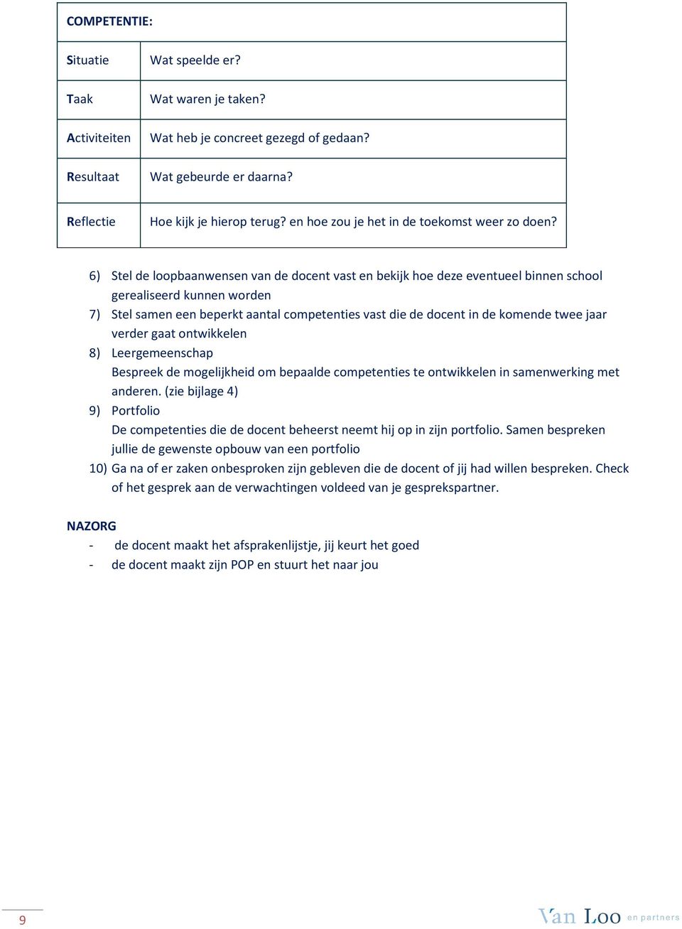 6) Stel de loopbaanwensen van de docent vast en bekijk hoe deze eventueel binnen school gerealiseerd kunnen worden 7) Stel samen een beperkt aantal competenties vast die de docent in de komende twee