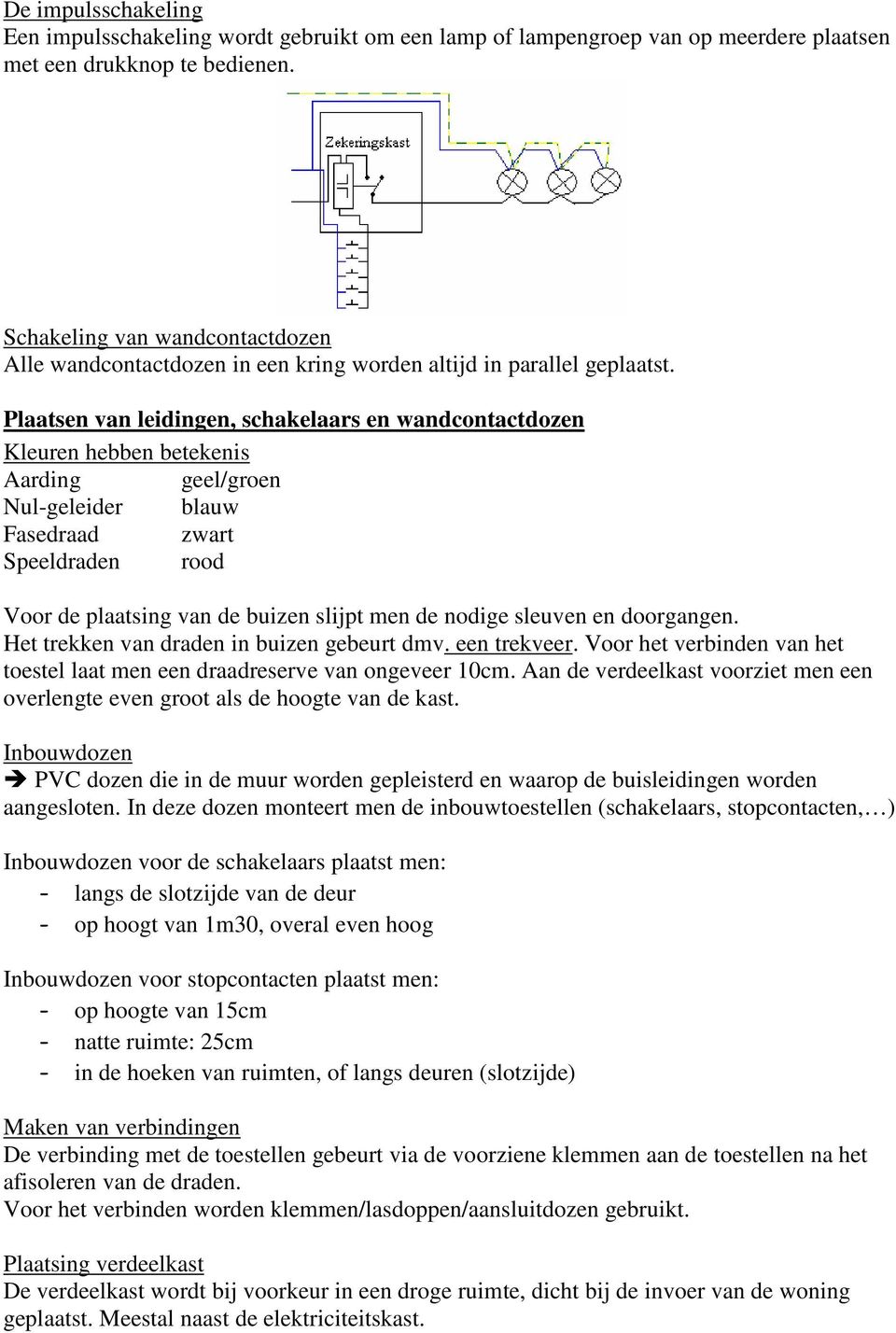 Plaatsen van leidingen, schakelaars en wandcontactdozen Kleuren hebben betekenis Aarding geel/groen Nul-geleider blauw Fasedraad zwart Speeldraden rood Voor de plaatsing van de buizen slijpt men de