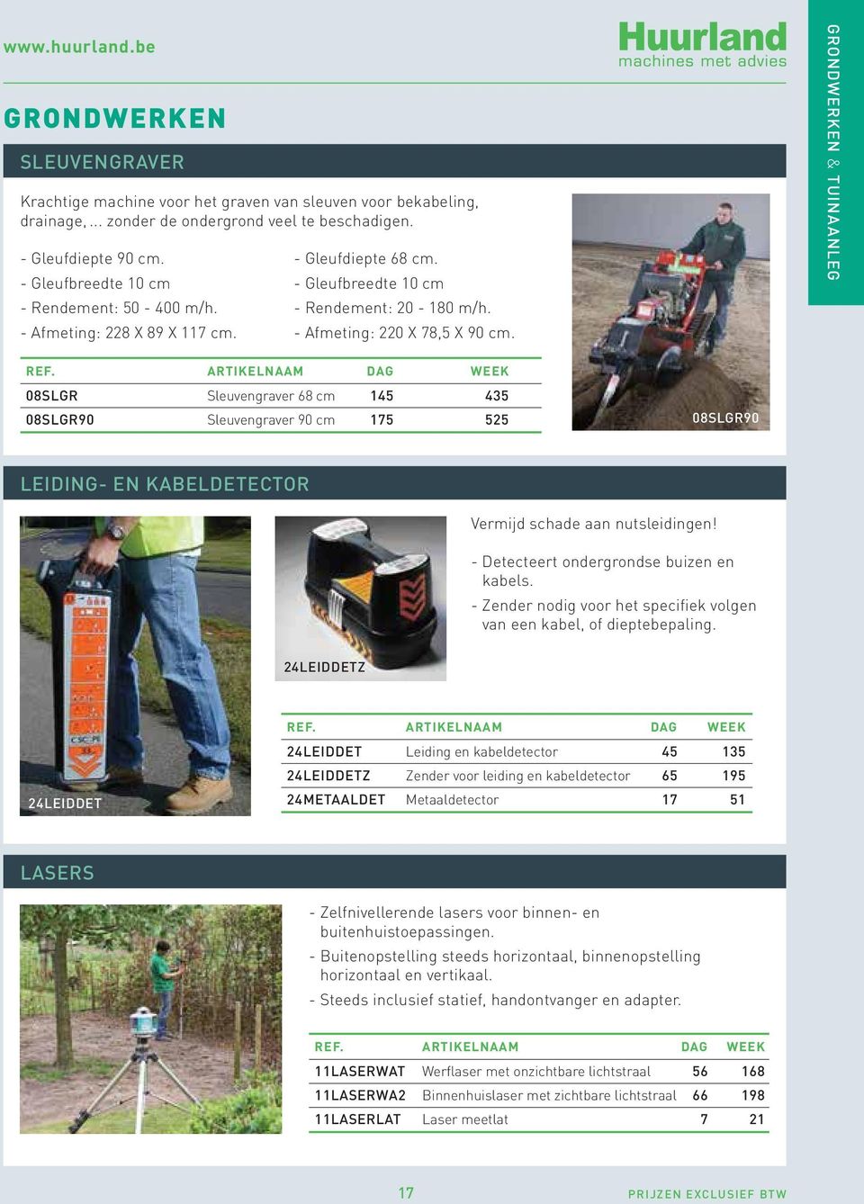 Artikelnaam Dag Week 08SLGR Sleuvengraver 68 cm 145 435 08SLGR90 Sleuvengraver 90 cm 175 525 08SLGR90 leiding- en kabeldetector Vermijd schade aan nutsleidingen!
