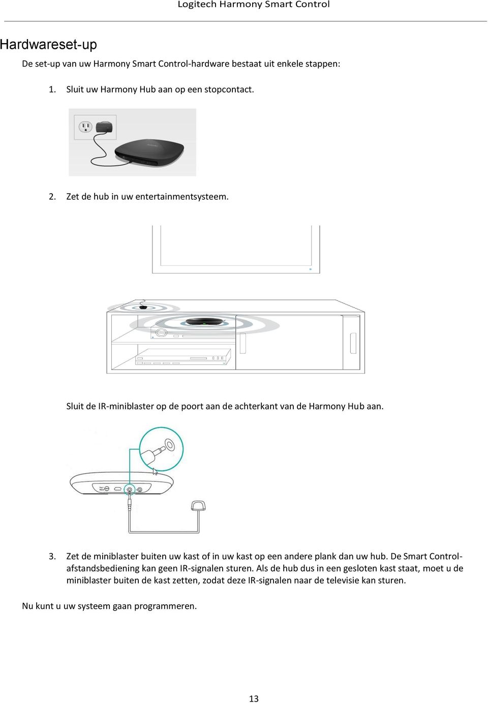 Zet de miniblaster buiten uw kast of in uw kast op een andere plank dan uw hub. De Smart Controlafstandsbediening kan geen IR-signalen sturen.