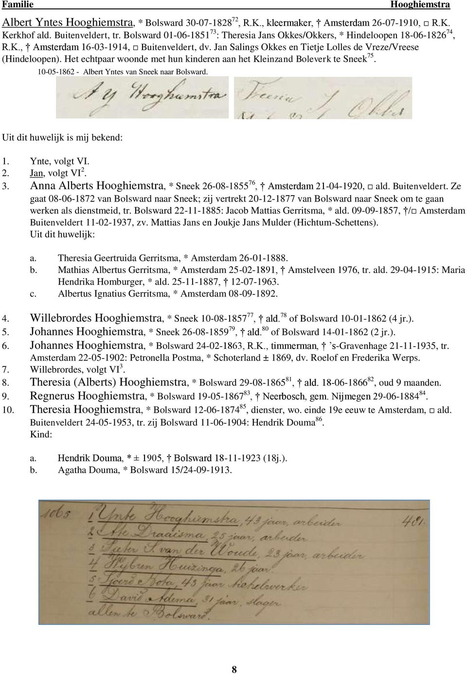 Het echtpaar woonde met hun kinderen aan het Kleinzand Boleverk te Sneek 75. 10-05-1862 - Albert Yntes van Sneek naar Bolsward. Uit dit huwelijk is mij bekend: 1. Ynte, volgt VI. 2. Jan, volgt VI 2.