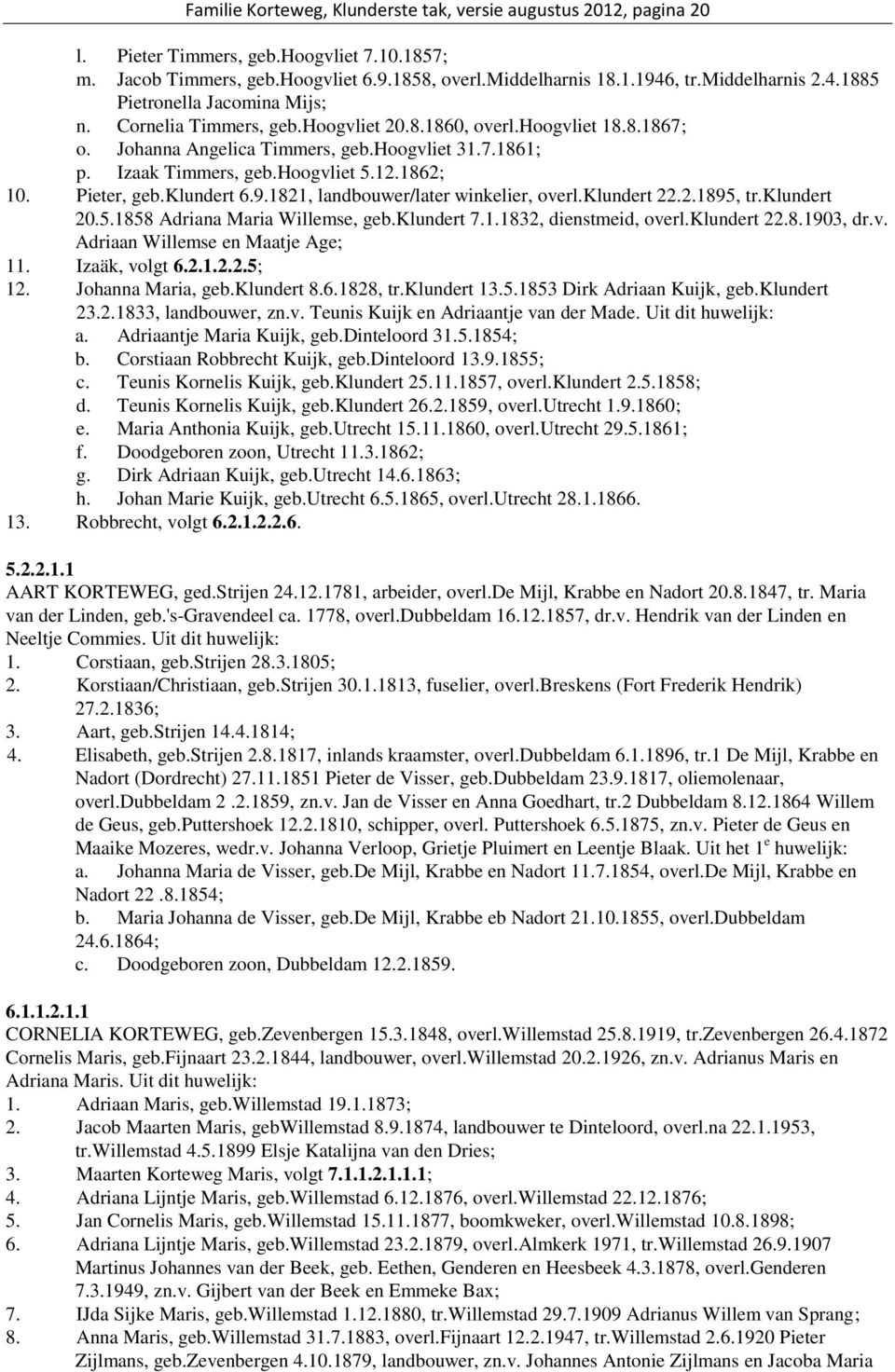 1862; 10. Pieter, geb.klundert 6.9.1821, landbouwer/later winkelier, overl.klundert 22.2.1895, tr.klundert 20.5.1858 Adriana Maria Willemse, geb.klundert 7.1.1832, dienstmeid, overl.klundert 22.8.1903, dr.