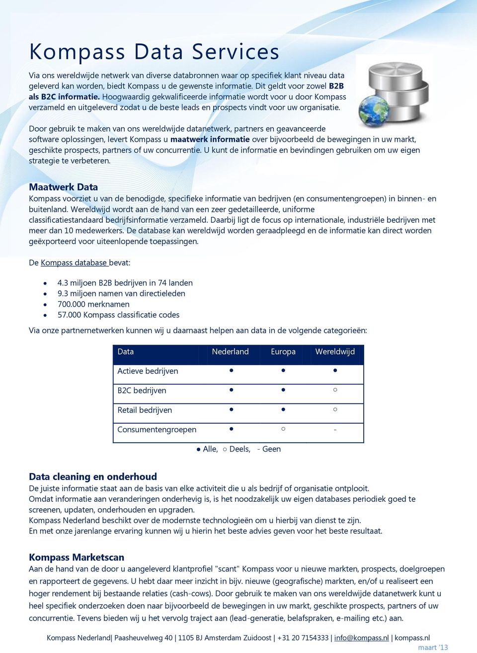 Door gebruik te maken van ons wereldwijde datanetwerk, partners en geavanceerde software oplossingen, levert Kompass u maatwerk informatie over bijvoorbeeld de bewegingen in uw markt, geschikte