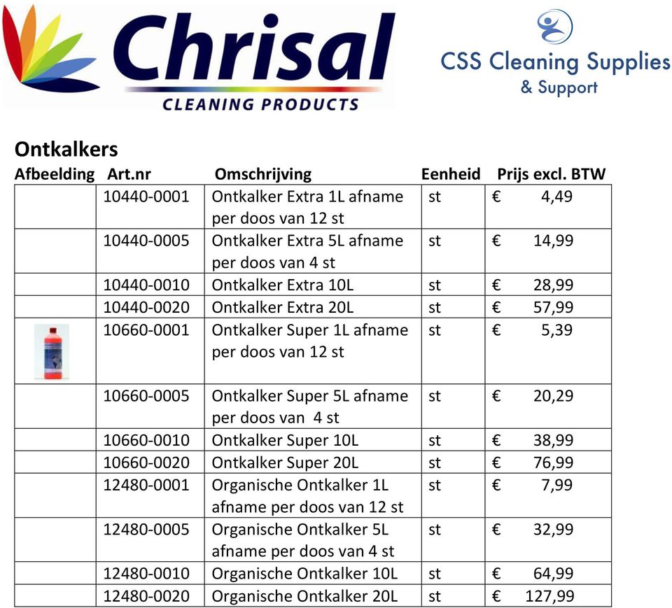 st 20,29 10660-0010 Ontkalker Super 10L st 38,99 10660-0020 Ontkalker Super 20L st 76,99 12480-0001 Organische Ontkalker 1L st 7,99