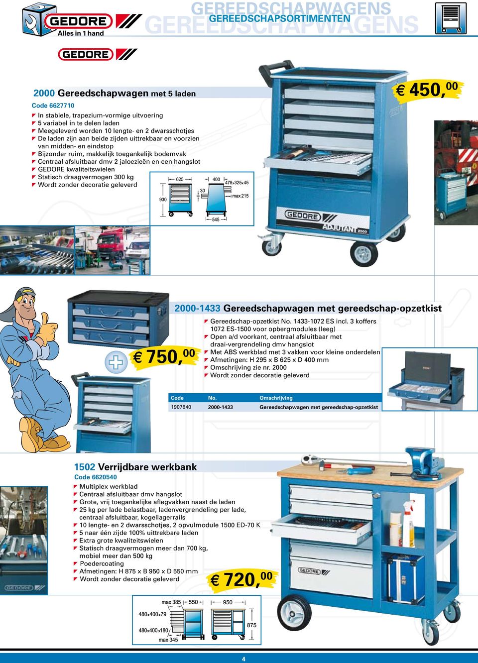 dmv 2 jaloezieën en een hangslot GEDORE kwaliteitswielen Statisch draagvermogen 300 kg Wordt zonder decoratie geleverd X450, 00 + X750, 00 2000-1433 Gereedschapwagen met gereedschap-opzetkist