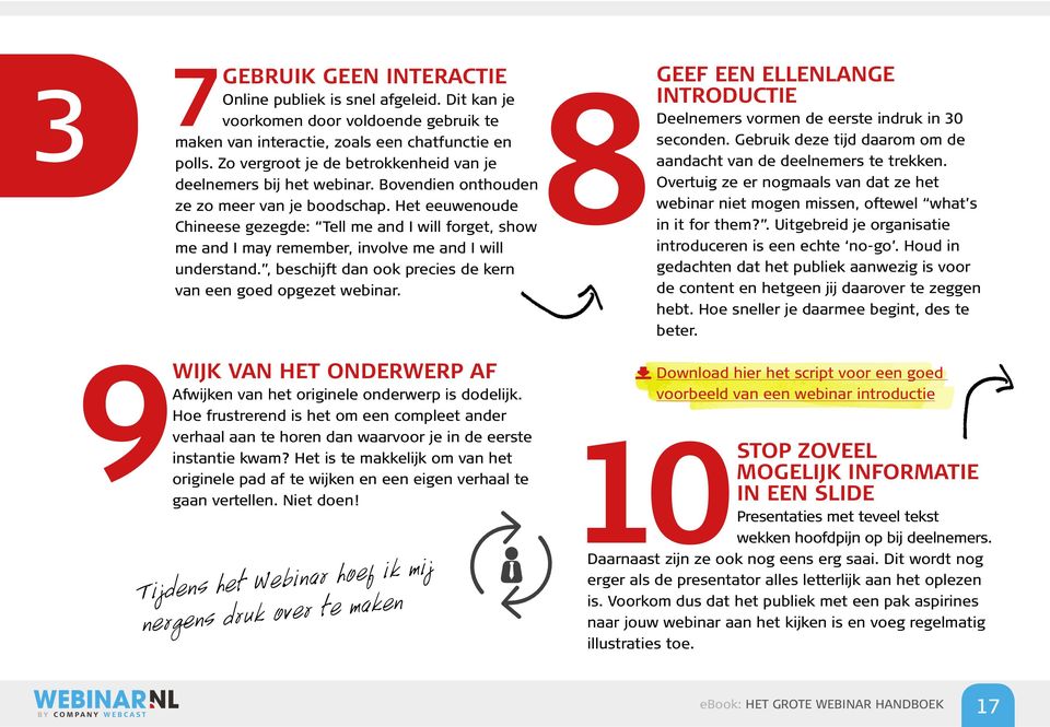 Het eeuwenoude Chineese gezegde: Tell me and I will forget, show me and I may remember, involve me and I will understand., beschijft dan ook precies de kern van een goed opgezet webinar.