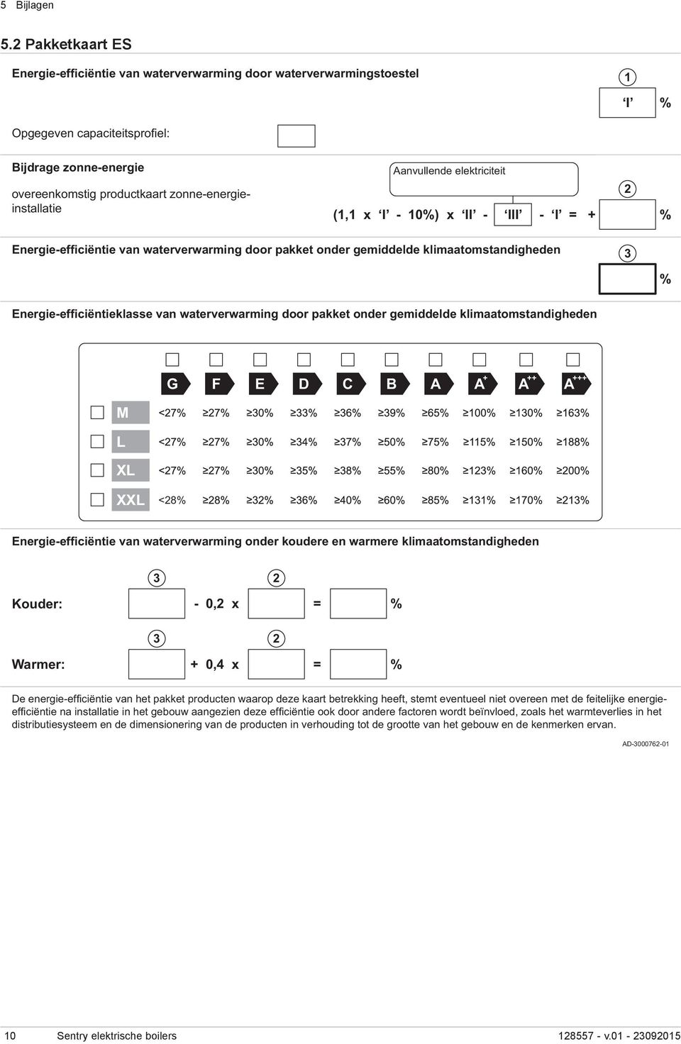 Aanvullende elektriciteit (1,1 x I - 10%) x II - III - I = + 2 % Energie-efficiëntie van waterverwarming door pakket onder gemiddelde klimaatomstandigheden 3 % Energie-efficiëntieklasse van