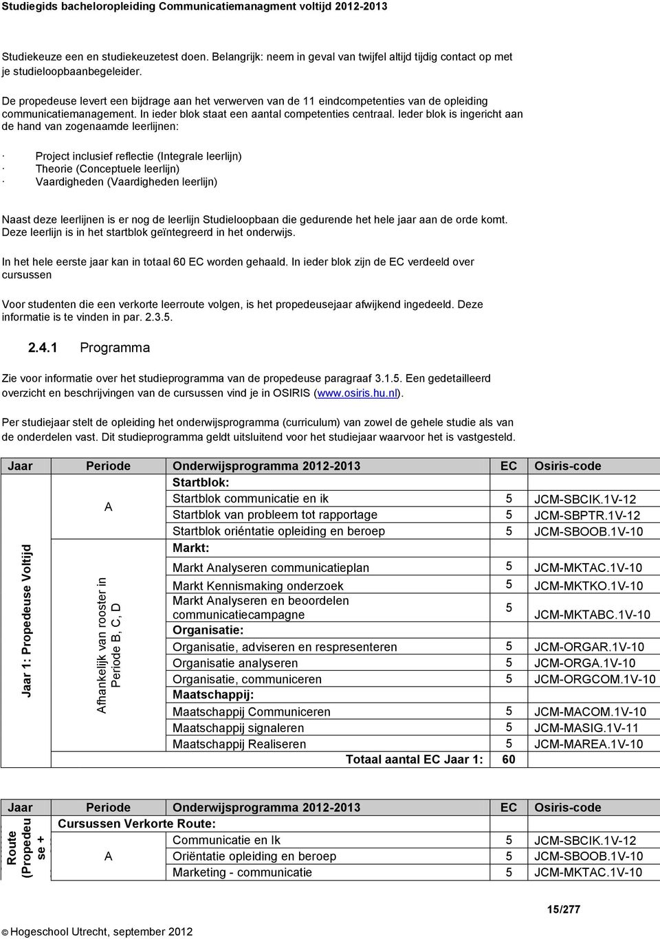 De propedeuse levert een bijdrage aan het verwerven van de 11 eindcompetenties van de opleiding communicatiemanagement. In ieder blok staat een aantal competenties centraal.