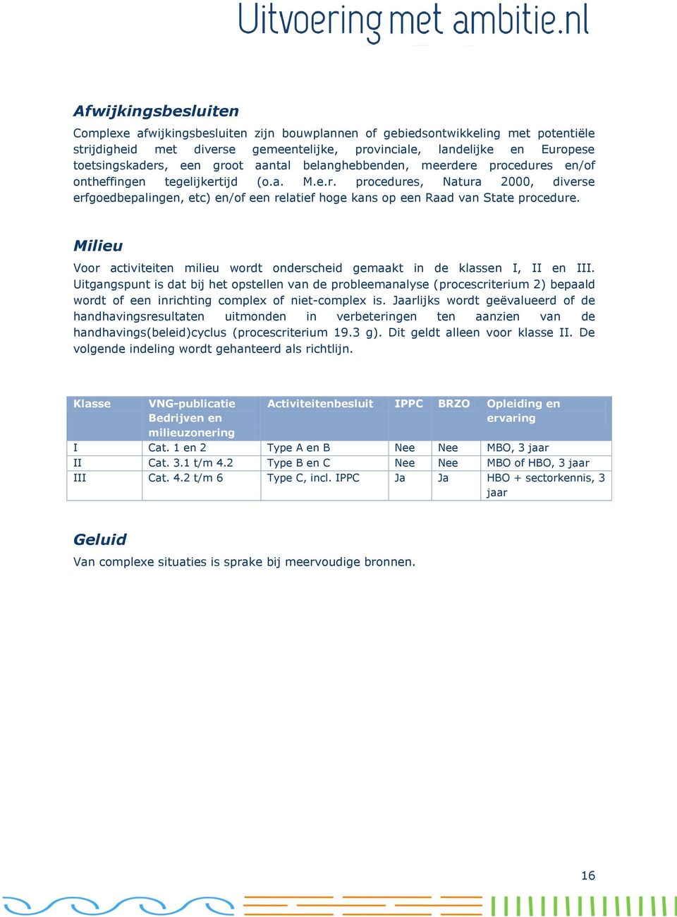 Milieu Voor activiteiten milieu wordt onderscheid gemaakt in de klassen I, II en III.