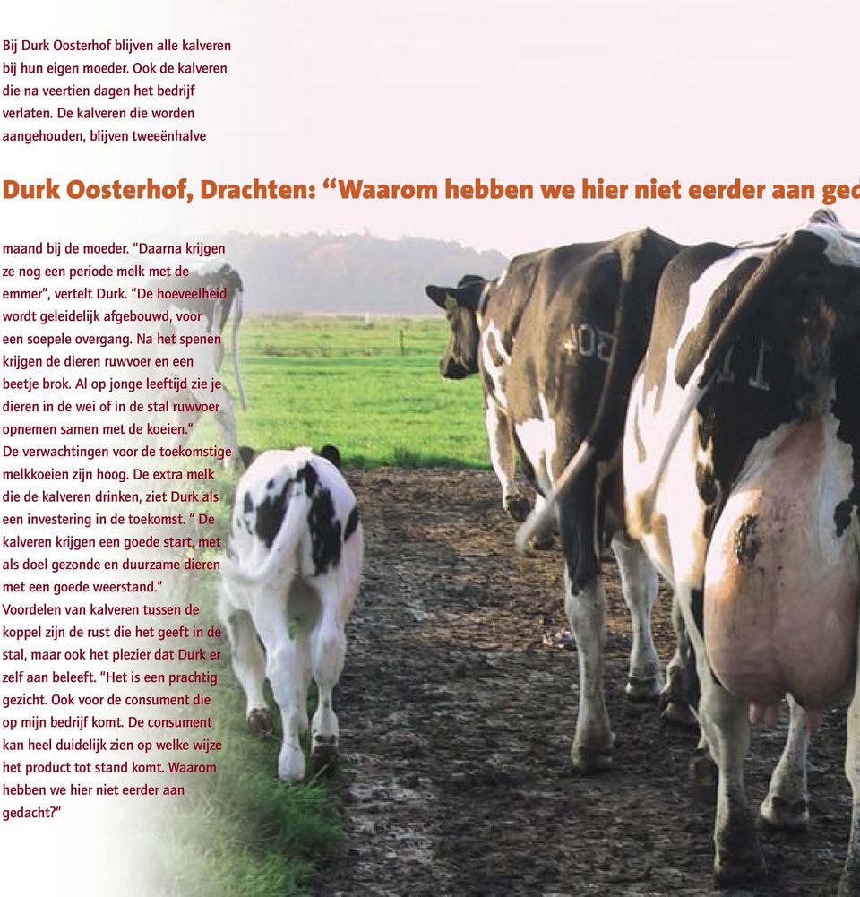 Daarna krijgen ze nog een periode melk met de emmer, vertelt Durk. De hoeveelheid wordt geleidelijk afgebouwd, voor een soepele overgang. Na het spenen krijgen de dieren ruwvoer en een beetje brok.