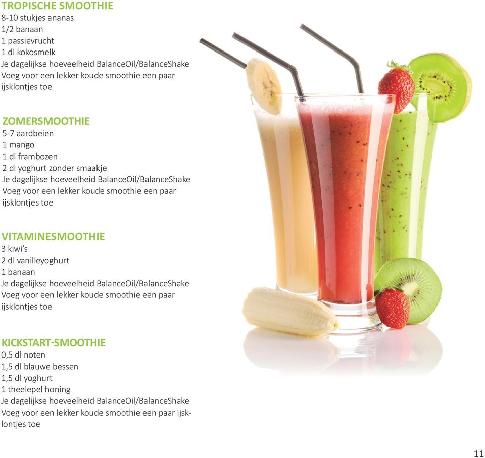 ijsklontjes toe VITAMINESMOOTHIE 3 kiwi s 2 dl vanilleyoghurt 1 banaan Je dagelijkse hoeveelheid BalanceOil/BalanceShake Voeg voor een lekker koude smoothie een paar ijsklontjes toe