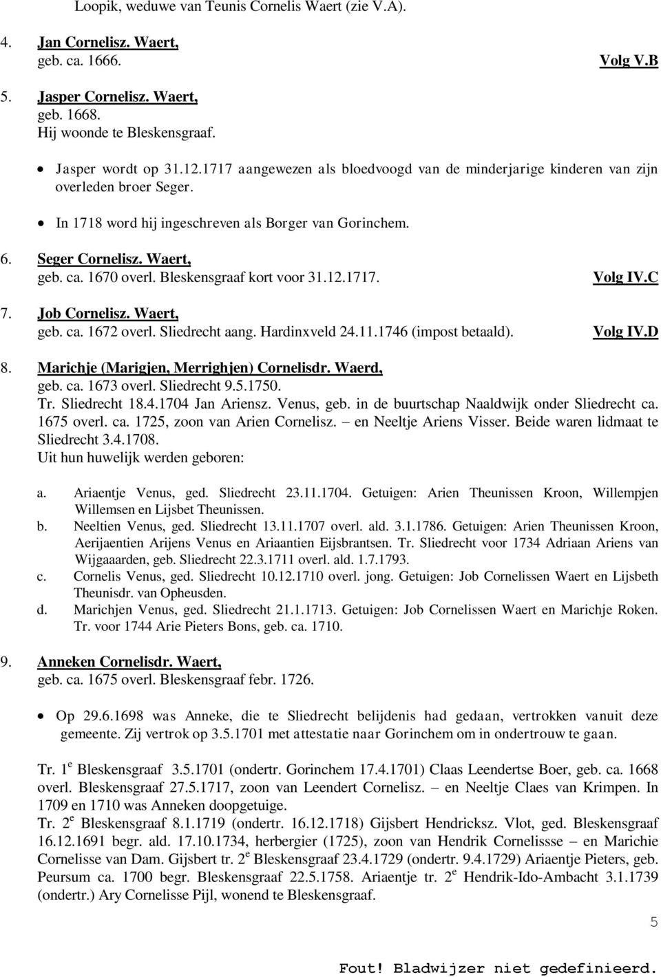 Bleskensgraaf kort voor 31.12.1717. 7. Job Cornelisz. Waert, geb. ca. 1672 overl. Sliedrecht aang. Hardinxveld 24.11.1746 (impost betaald). Volg IV.C Volg IV.D 8.