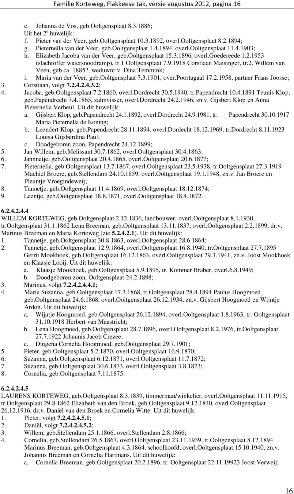 1 Ooltgensplaat 7.9.1918 Corstiaan Matsinger, tr.2. Willem van Veen, geb.ca. 1885?, weduwnr.v. Dina Temmink; i. Maria van der Veer, geb.ooltgensplaat 7.3.1901, over.poortugaal 17.2.1958, partner Frans Joosse; 3.