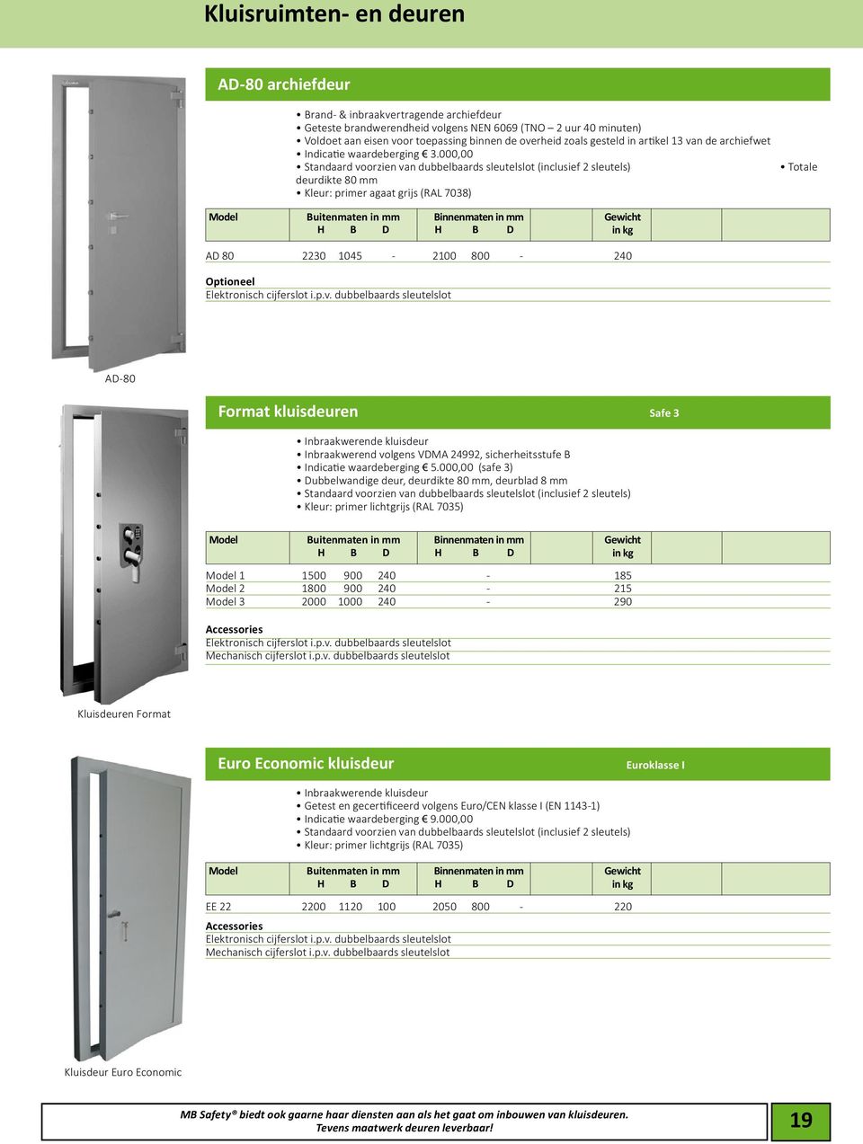 000,00 Standaard voorzien van dubbelbaards sleutelslot (inclusief 2 sleutels) deurdikte 80 mm Kleur: primer agaat grijs (RAL 7038) Totale AD 80 2230 1045-2100 800-240 Optioneel Elektronisch