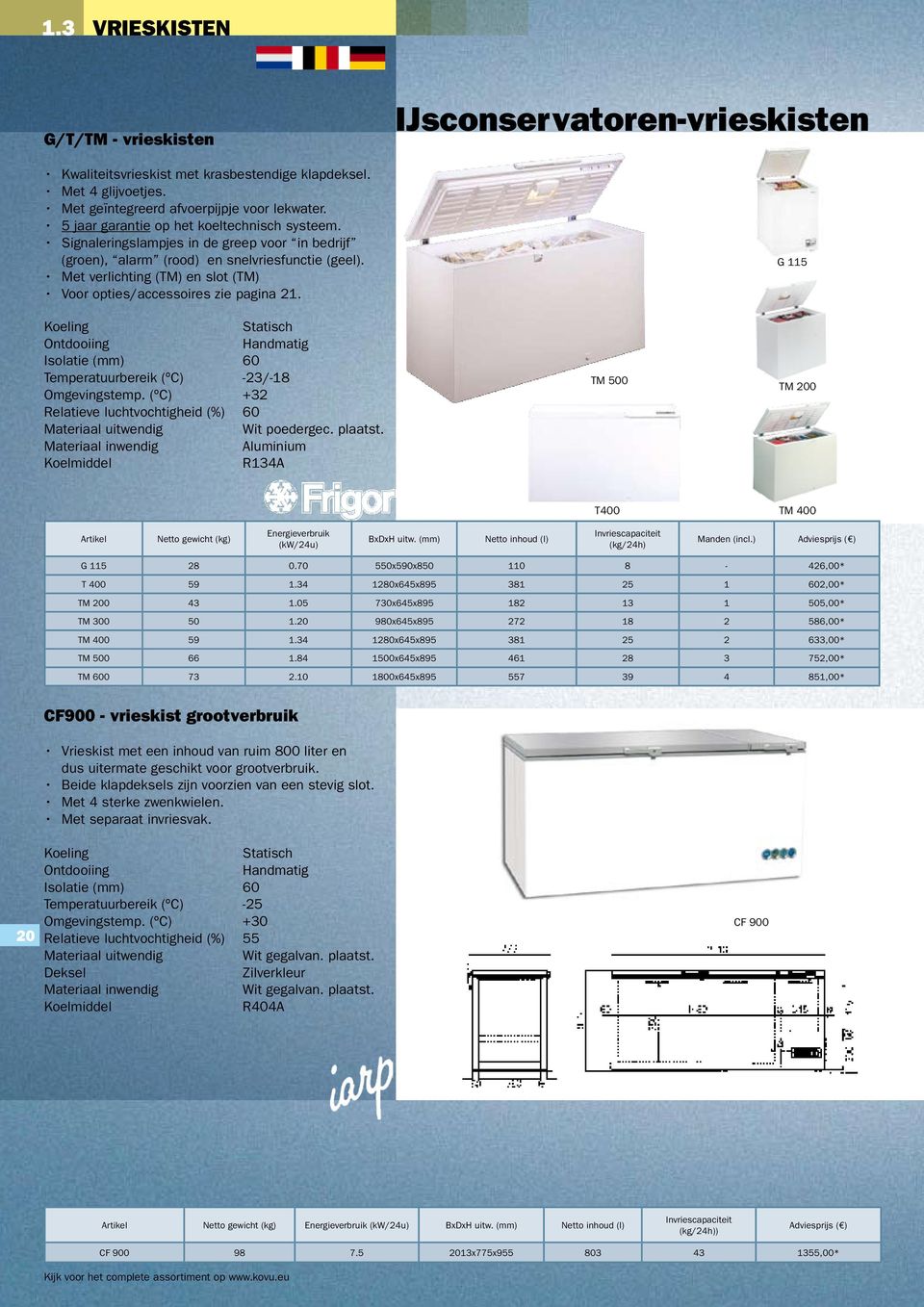 IJsconservatoren-vrieskisten G 115 Statisch Handmatig Isolatie (mm) 60 Temperatuurbereik (ºC) -23/-18 Omgevingstemp. (ºC) +32 Relatieve luchtvochtigheid (%) 60 Materiaal uitwendig Wit poedergec.