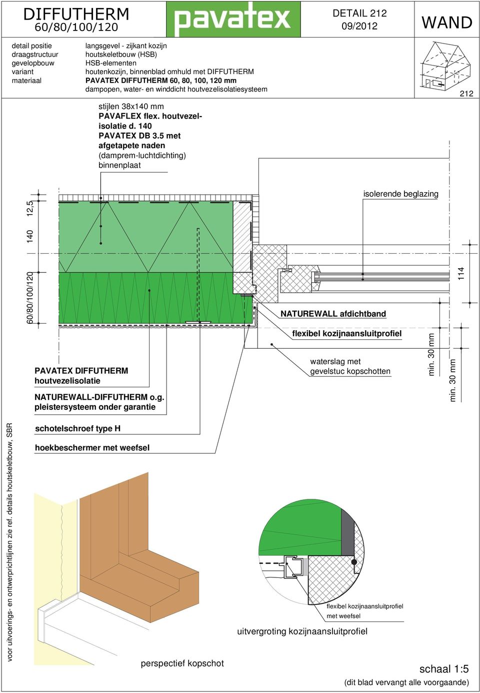 212 isolerende beglazing 60/80/100/120 140 12,5 NATUREWALL afdichtband 114 flexibel kozijnaansluitprofiel