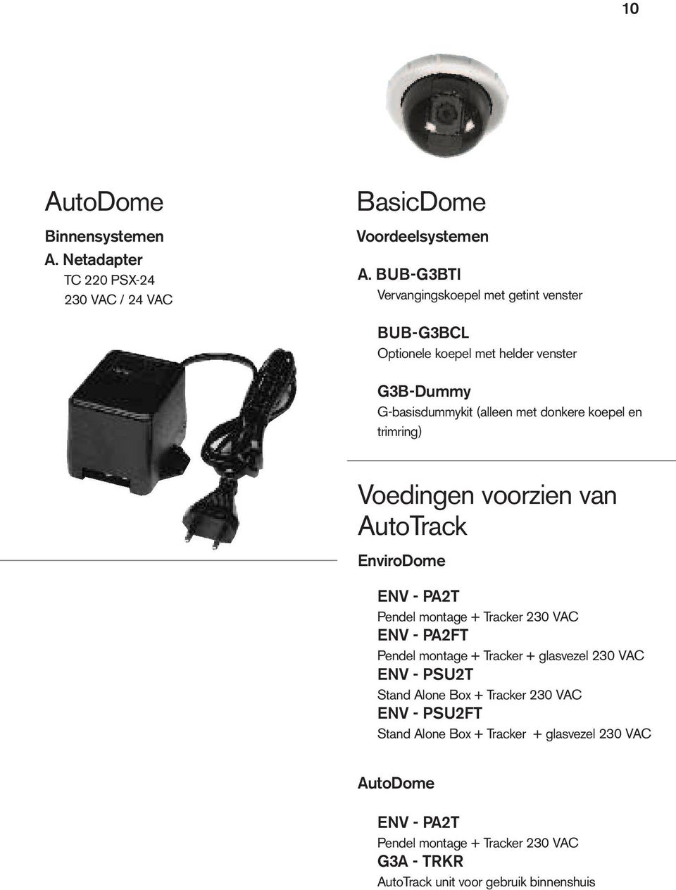 trimring) Voedingen voorzien van AutoTrack EnviroDome ENV - PA2T Pendel montage + Tracker 230 VAC ENV - PA2FT Pendel montage + Tracker + glasvezel 230