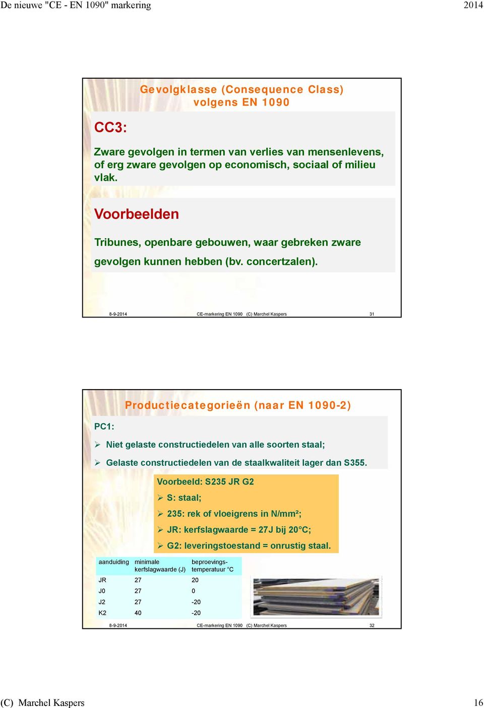 8-9-2014 CE-markering EN 1090 (C) Marchel Kaspers 31 PC1: Productiecategorieën (naar EN 1090-2) Niet gelaste constructiedelen van alle soorten staal; Gelaste constructiedelen van de staalkwaliteit