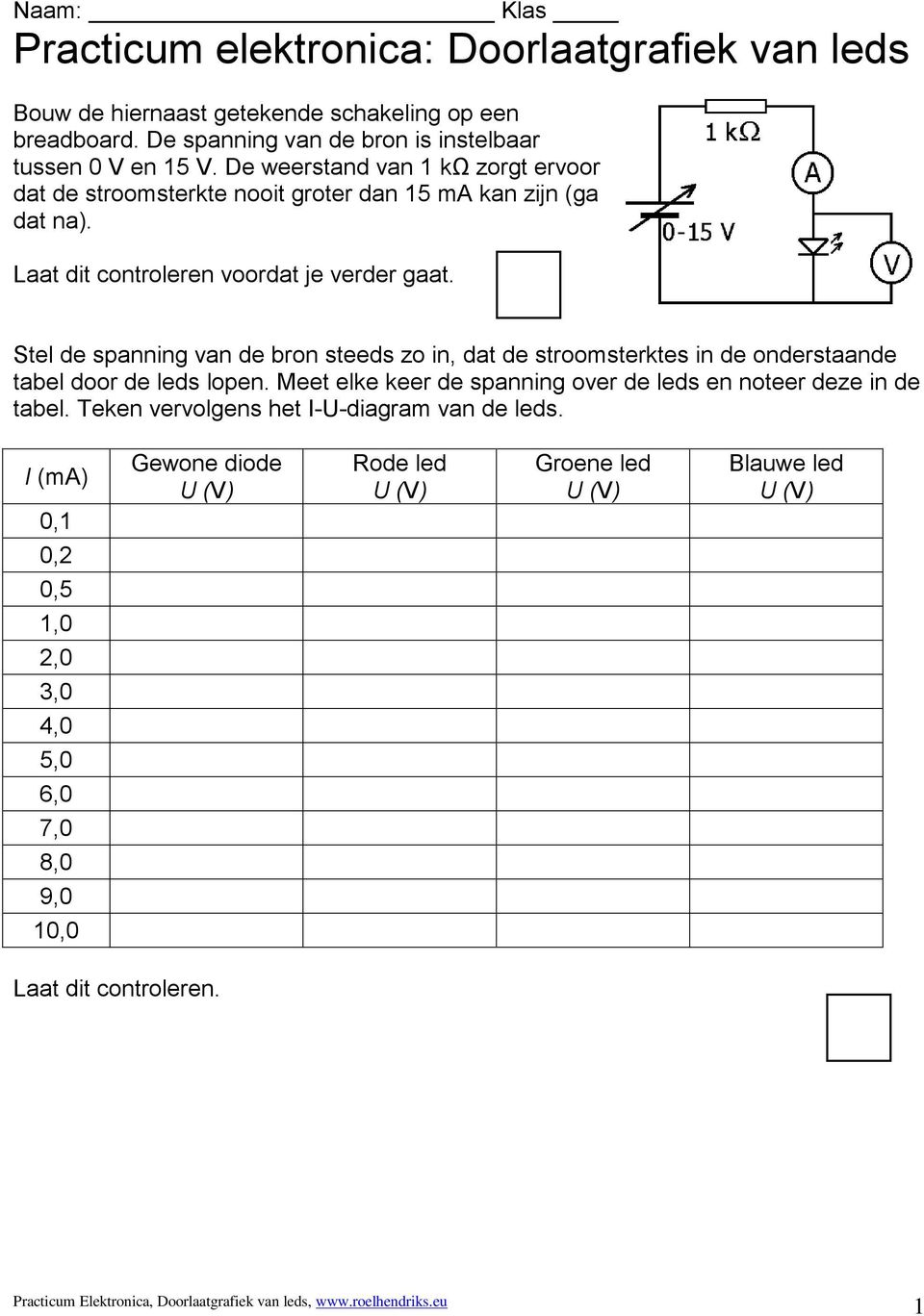 Stel de spanning van de bron steeds zo in, dat de stroomsterktes in de onderstaande tabel door de leds lopen.