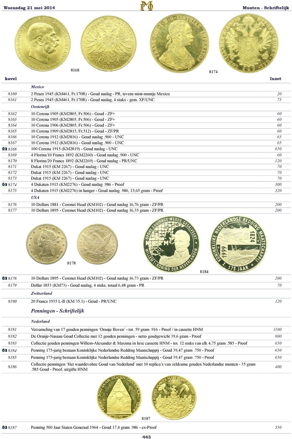 506) - Goud - ZF+ 10 Corona 1906 (KM2805, Fr.506) - Goud - ZF+ 10 Corona 1909 (KM2815, Fr.512) - Goud - ZF/PR 10 Corona 1912 (KM2816) - Goud naslag.900 - UNC 10 Corona 1912 (KM2816) - Goud naslag.