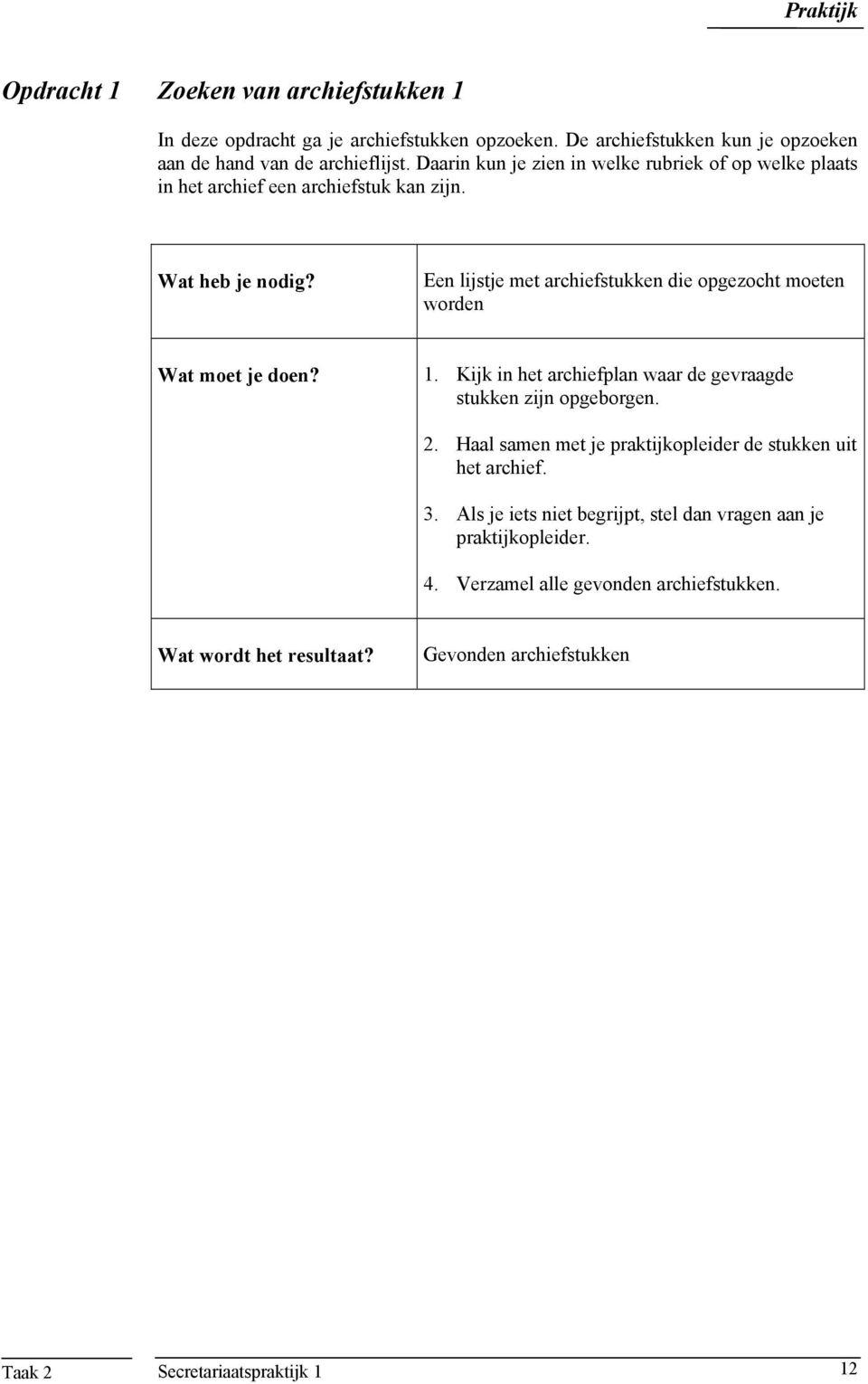 Een lijstje met archiefstukken die opgezocht moeten worden 1. Kijk in het archiefplan waar de gevraagde stukken zijn opgeborgen. 2.