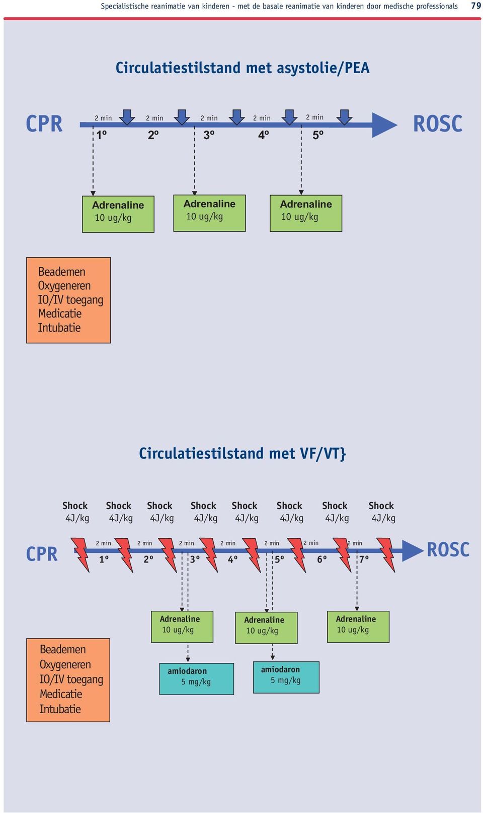 Circulatiestilstand met VF/VT} Shock 4J/kg Shock 4J/kg Shock 4J/kg Shock 4J/kg Shock 4J/kg Shock 4J/kg Shock 4J/kg Shock 4J/kg CPR 2 min 2 min 2 min 2 min 2 min 2 min