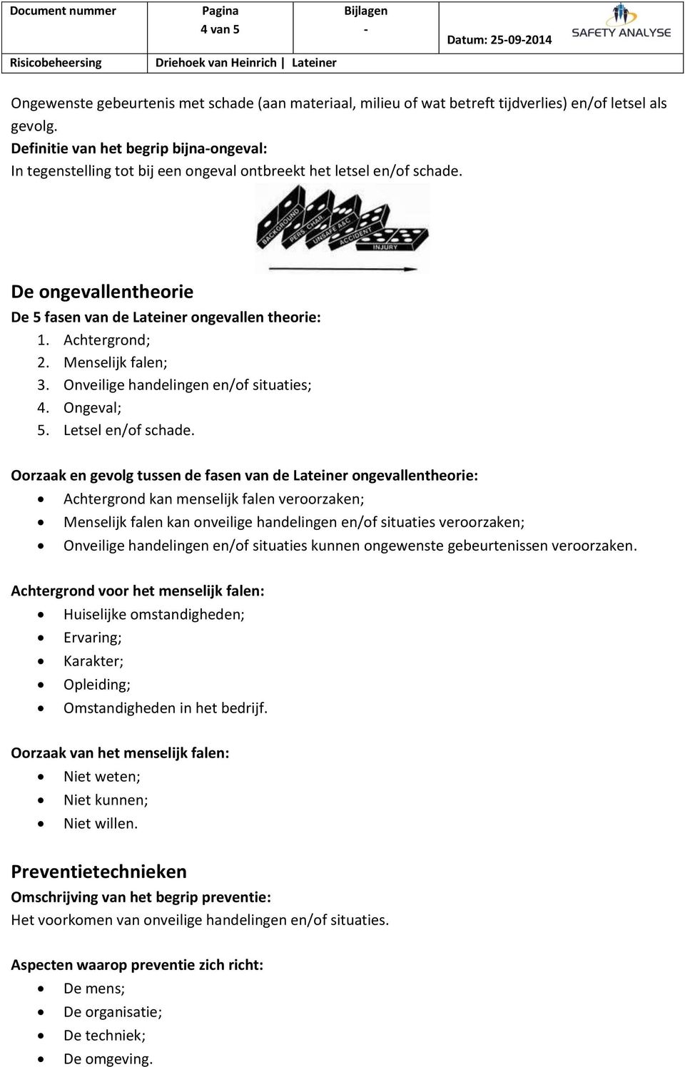 Menselijk falen; 3. Onveilige handelingen en/of situaties; 4. Ongeval; 5. Letsel en/of schade.