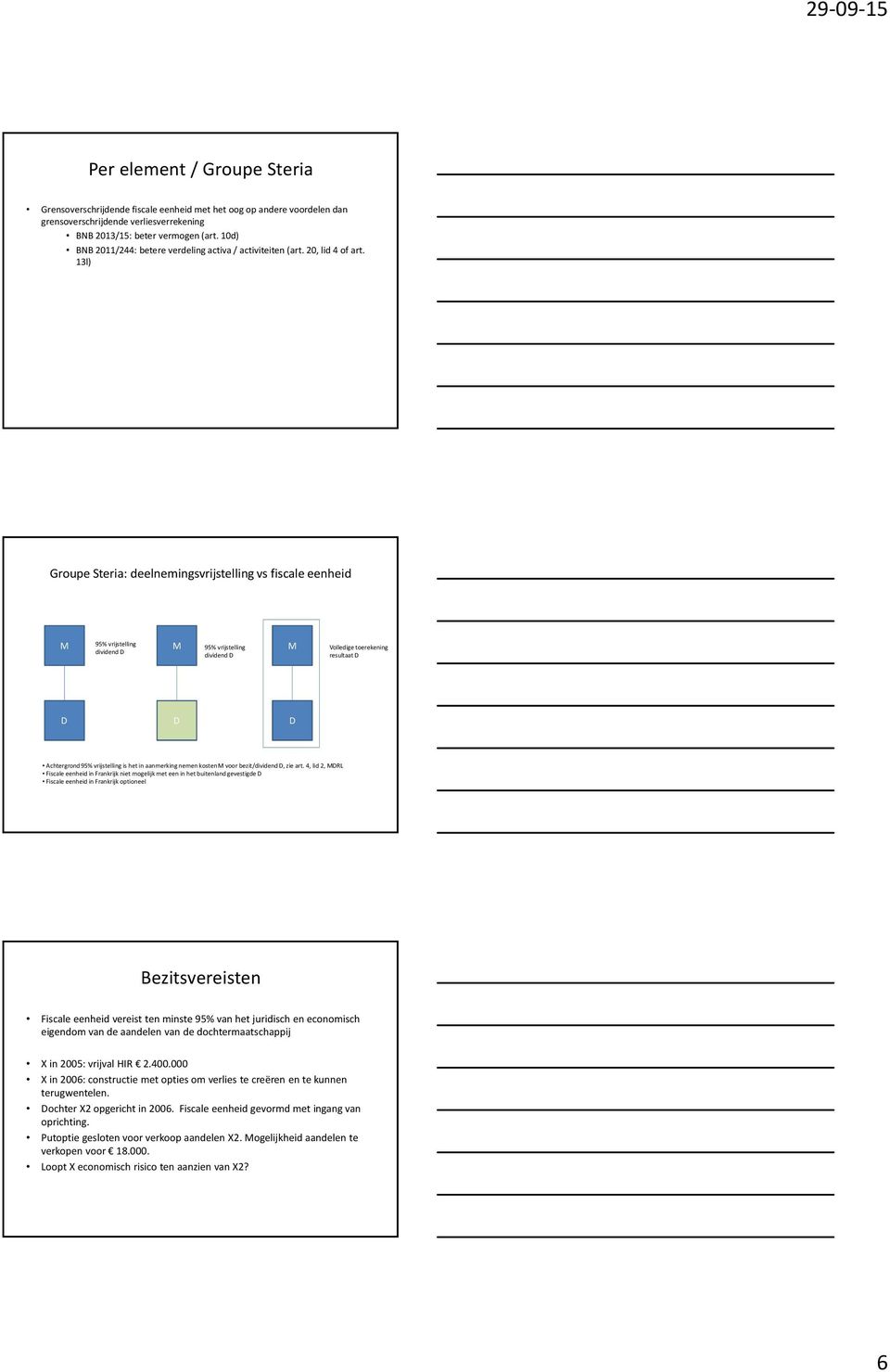 13l) Groupe Steria: deelnemingsvrijstelling vs fiscale eenheid M 95% vrijstelling dividend D M 95% vrijstelling dividend D M Volledige toerekening resultaat D D D D Achtergrond 95% vrijstelling is