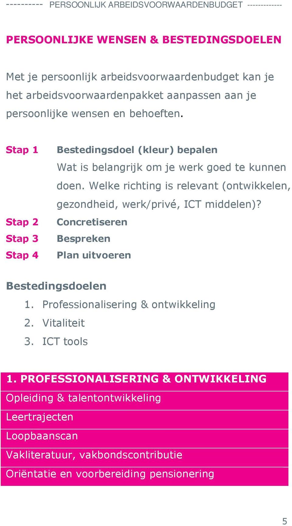 Welke richting is relevant (ontwikkelen, gezondheid, werk/privé, ICT middelen)? Concretiseren Bespreken Plan uitvoeren Bestedingsdoelen 1.