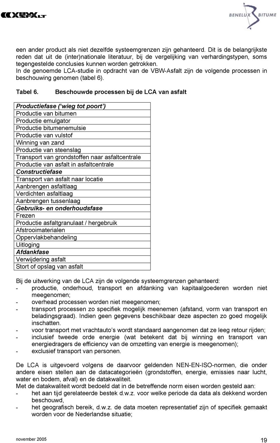 In de genoemde LCA-studie in opdracht van de VBW-Asfalt zijn de volgende processen in beschouwing genomen (tabel 6). Tabel 6.