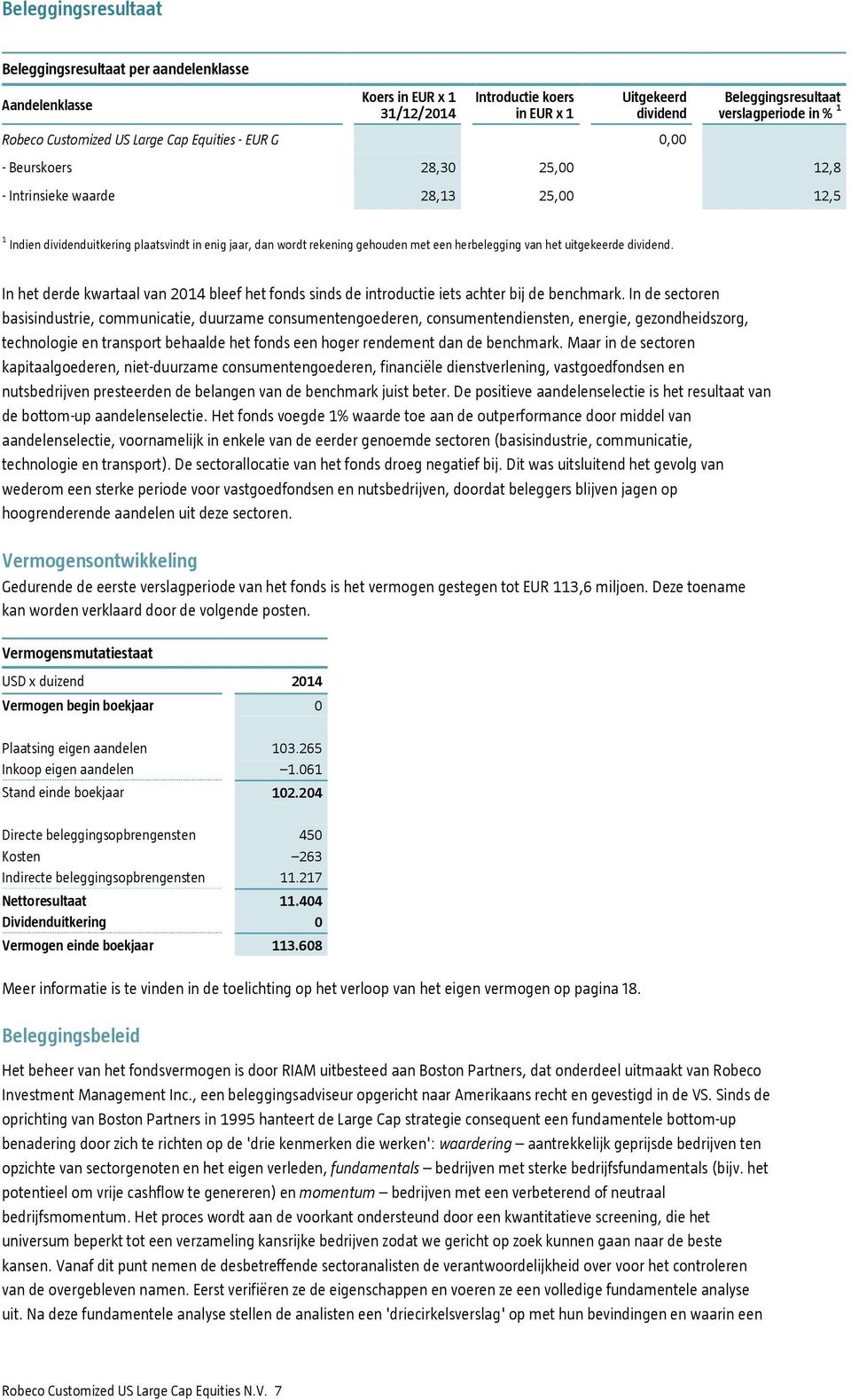 een herbelegging van het uitgekeerde dividend. In het derde kwartaal van 2014 bleef het fonds sinds de introductie iets achter bij de benchmark.